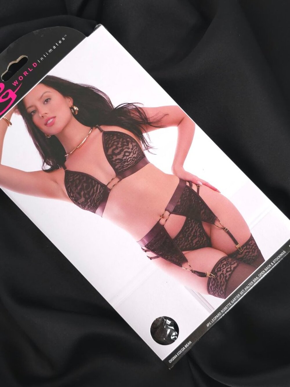 G World Intimates Cocoa Bean Leopard Lace 4 Piece Garter Lingerie Set OH2604
